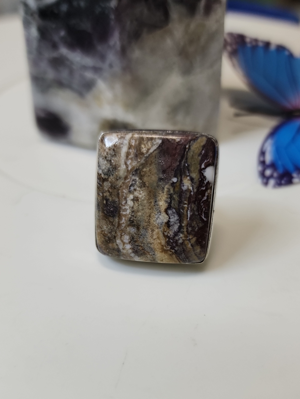 Natural Stone Square Statement Ring in Brown and Cream